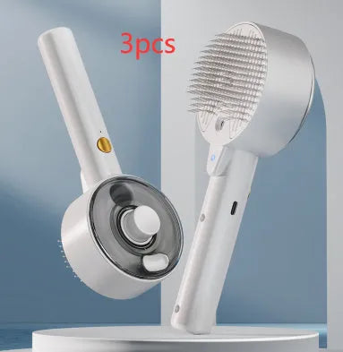 Ceramic white pet grooming brush with UVC blue light, mist spray nozzle, and fine needles for removing dog and cat hair.
