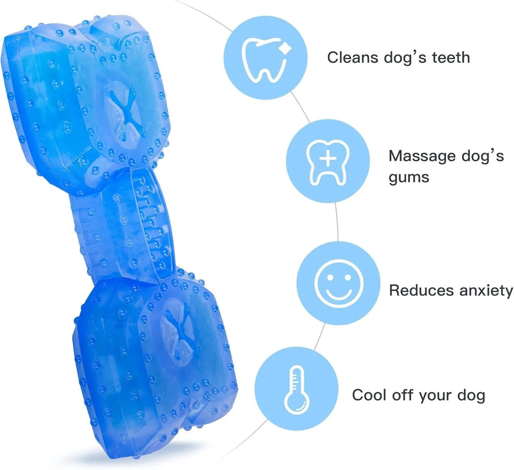 Freezable blue dog chew toy for teething puppies and cooling relief.