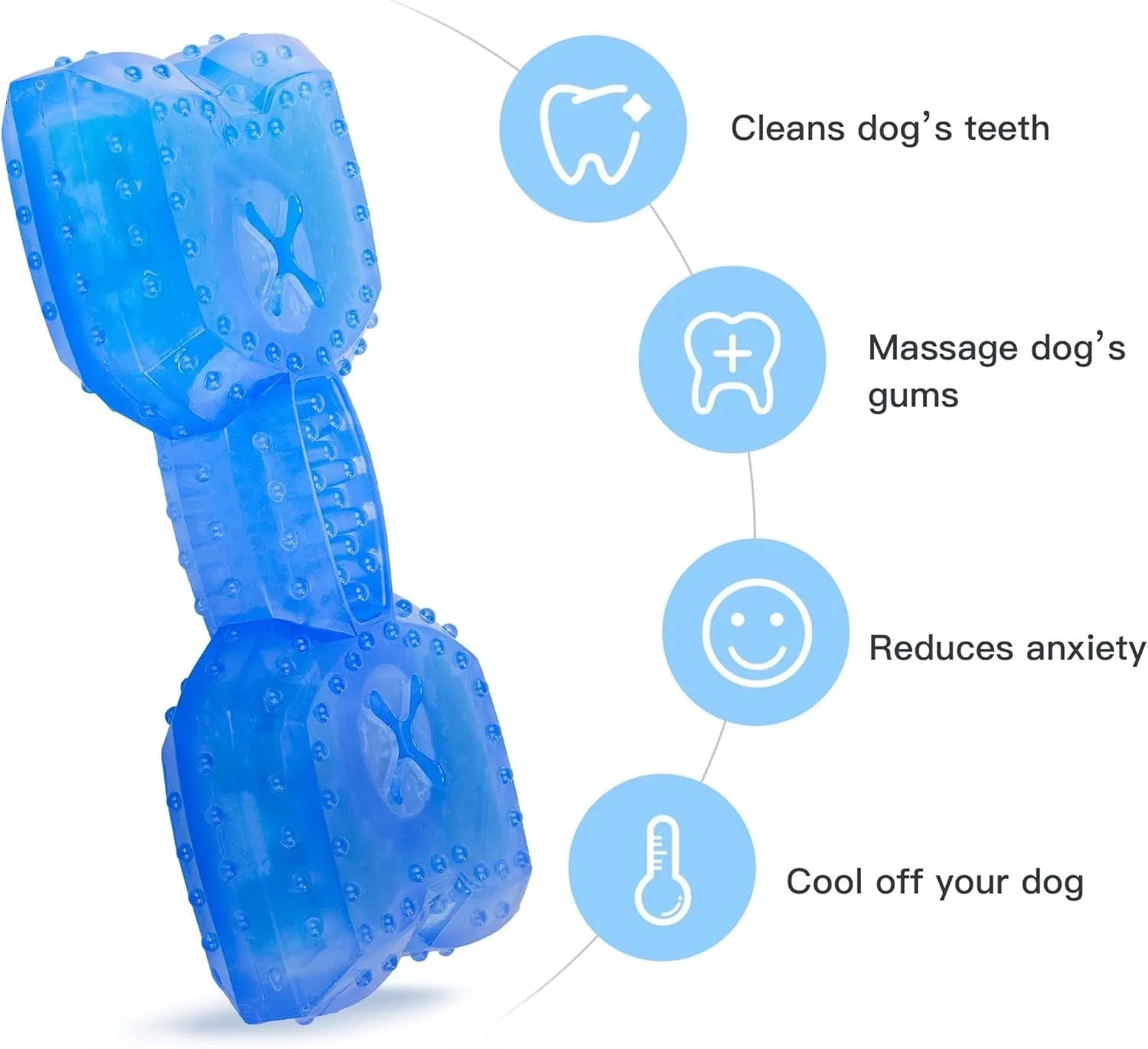 Freezable blue dog chew toy for teething puppies and cooling relief.