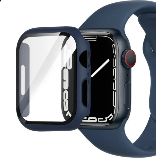 PC tempered film replacement case for Apple Watch in various colours and sizes on display.