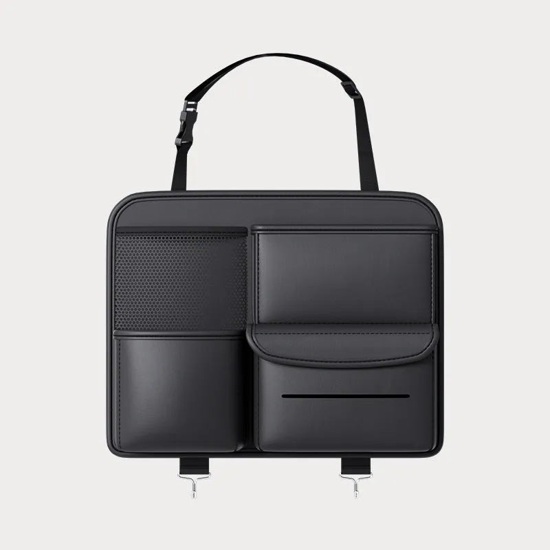 Black leather car seat back hanging storage bag with a handle