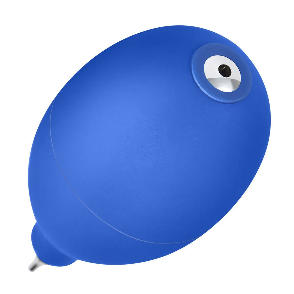 Blue rubber handheld dust removal ball air blower for cleaning cameras and mobile phones.