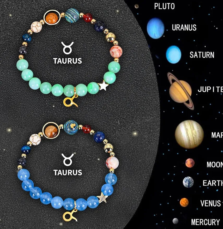 A pair of natural stone beaded bracelets from a twelve-piece zodiac sign collection.