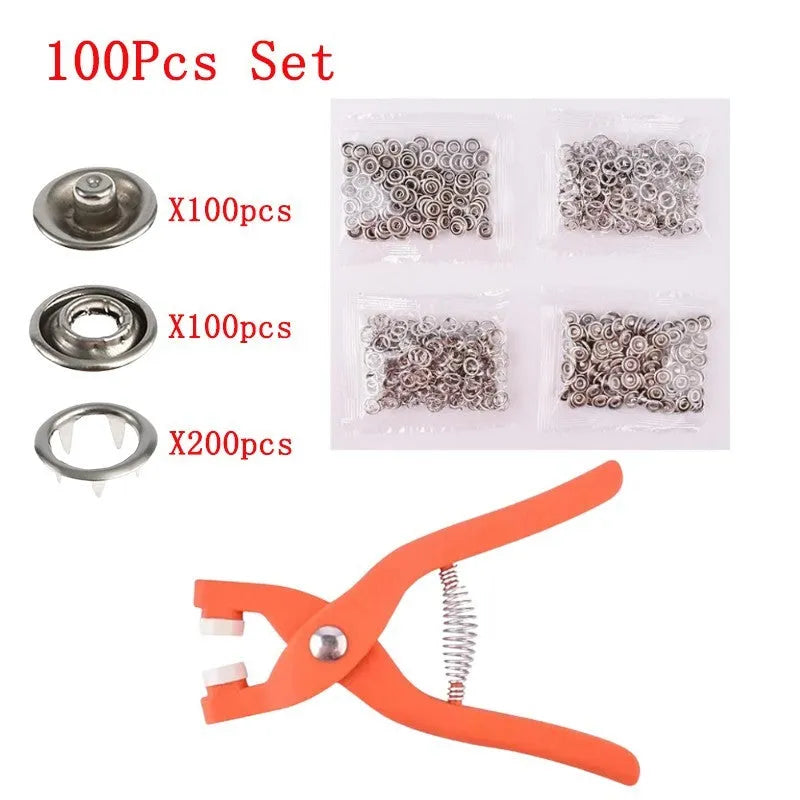 Stainless steel five claw no-sew button kit with pliers and 9.5mm clasps for baby clothes