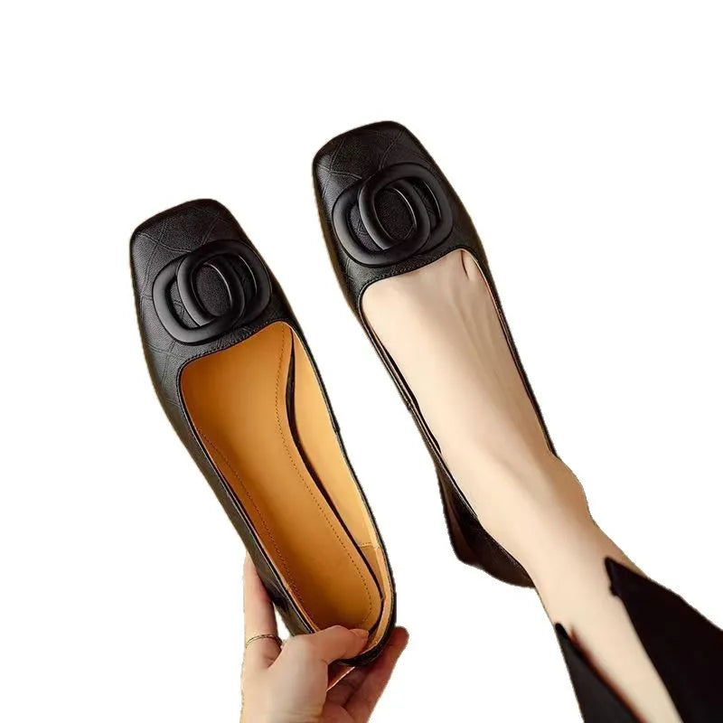 Women's sheepskin shallow mouth flat bottom chunky heel pumps in black and light brown, square toe