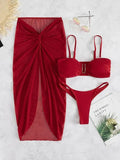 Women's solid colour three-piece bikini set with long culottes skirt, bra, and panties