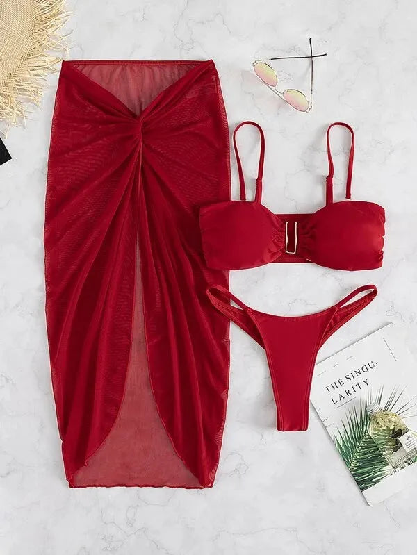 Women's solid colour three-piece bikini set with long culottes skirt, bra, and panties