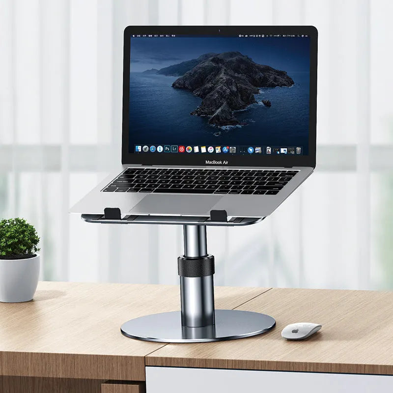 Silver aluminium car laptop stand shown at an adjusted height with a laptop secured on top.