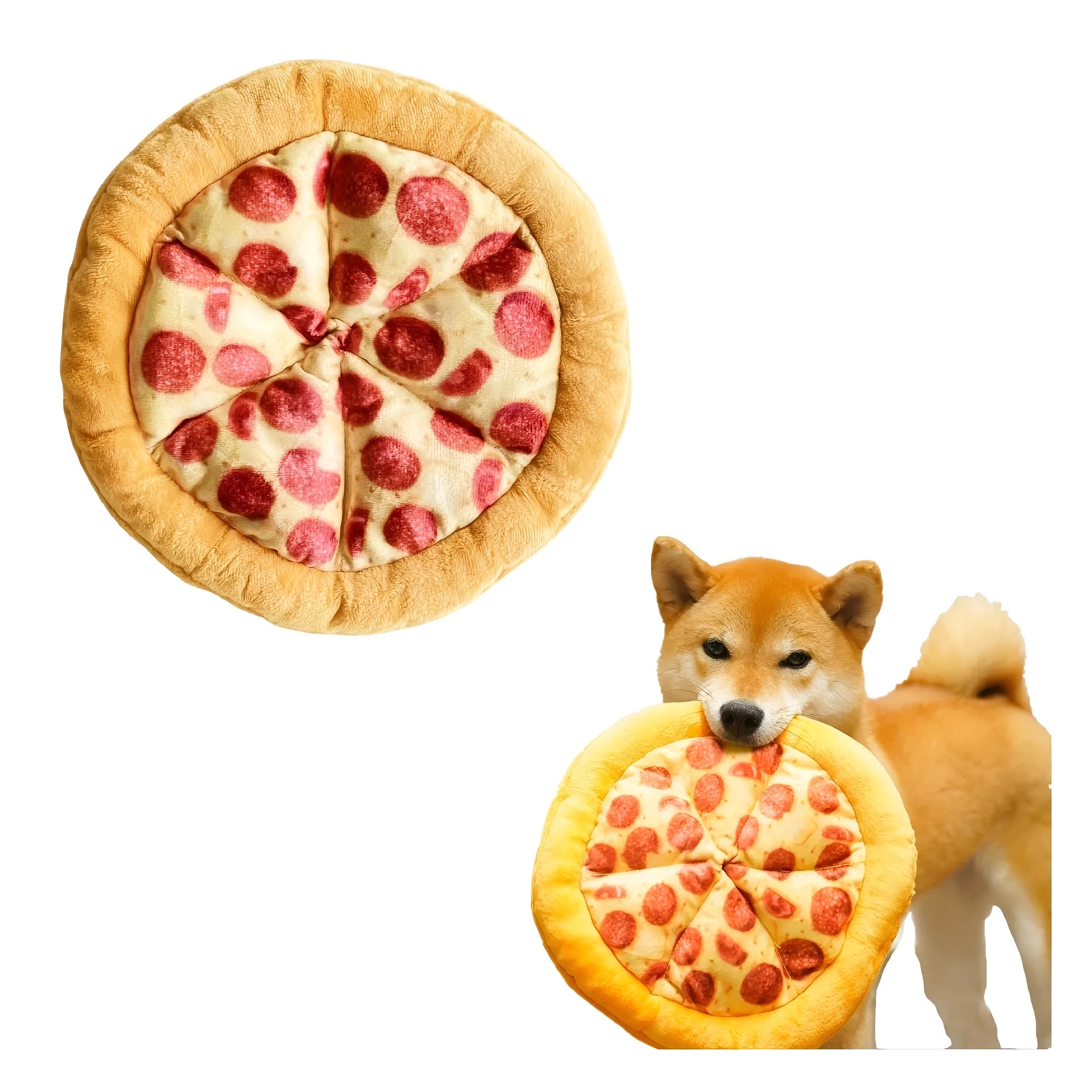 Yellow pizza slice shaped squeaky dog chewing toy with textured toppings and crust detailing