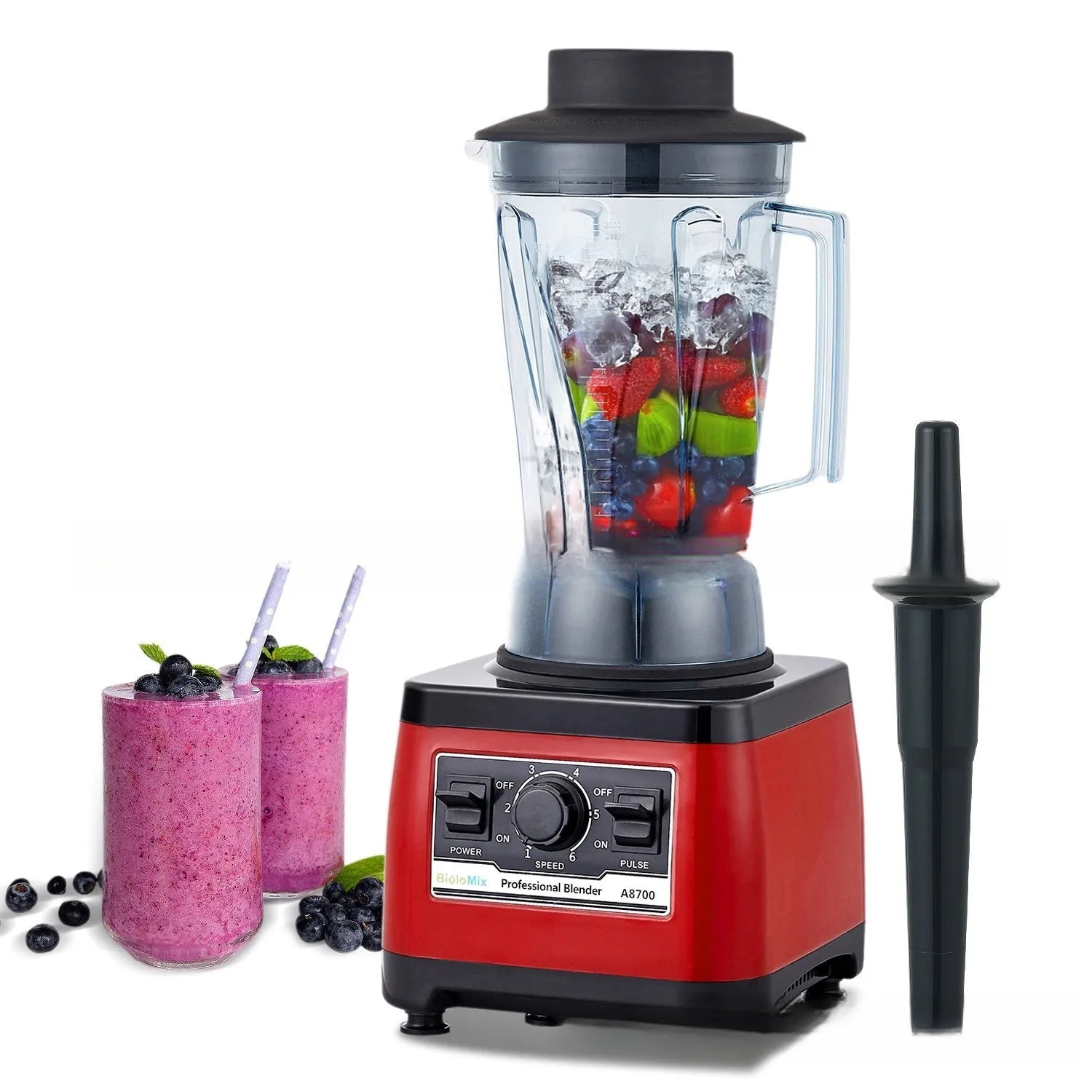 Red industrial-style commercial blender with 2200W motor and 2-litre jug.