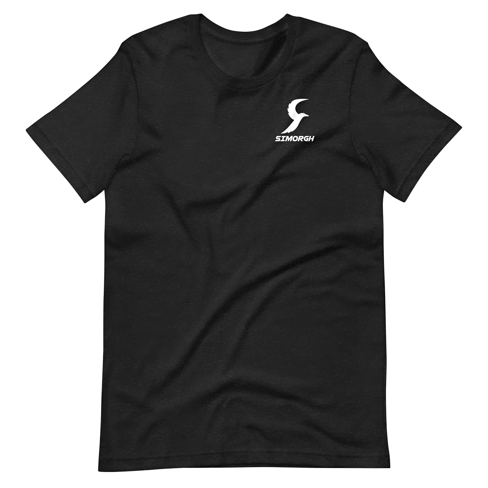 Black loose-fit cotton summer t-shirt with short sleeves and a round neck on a hanger.