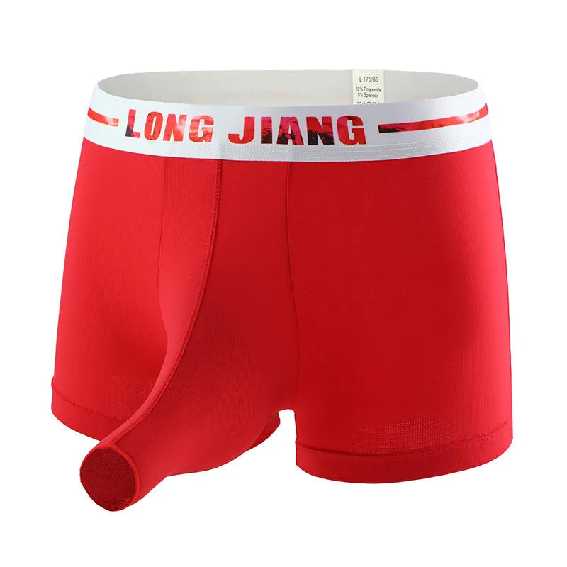 Men's Ice Silk trunk open boxers in grey blue colour, showing thin knitted fabric and mid waist design.