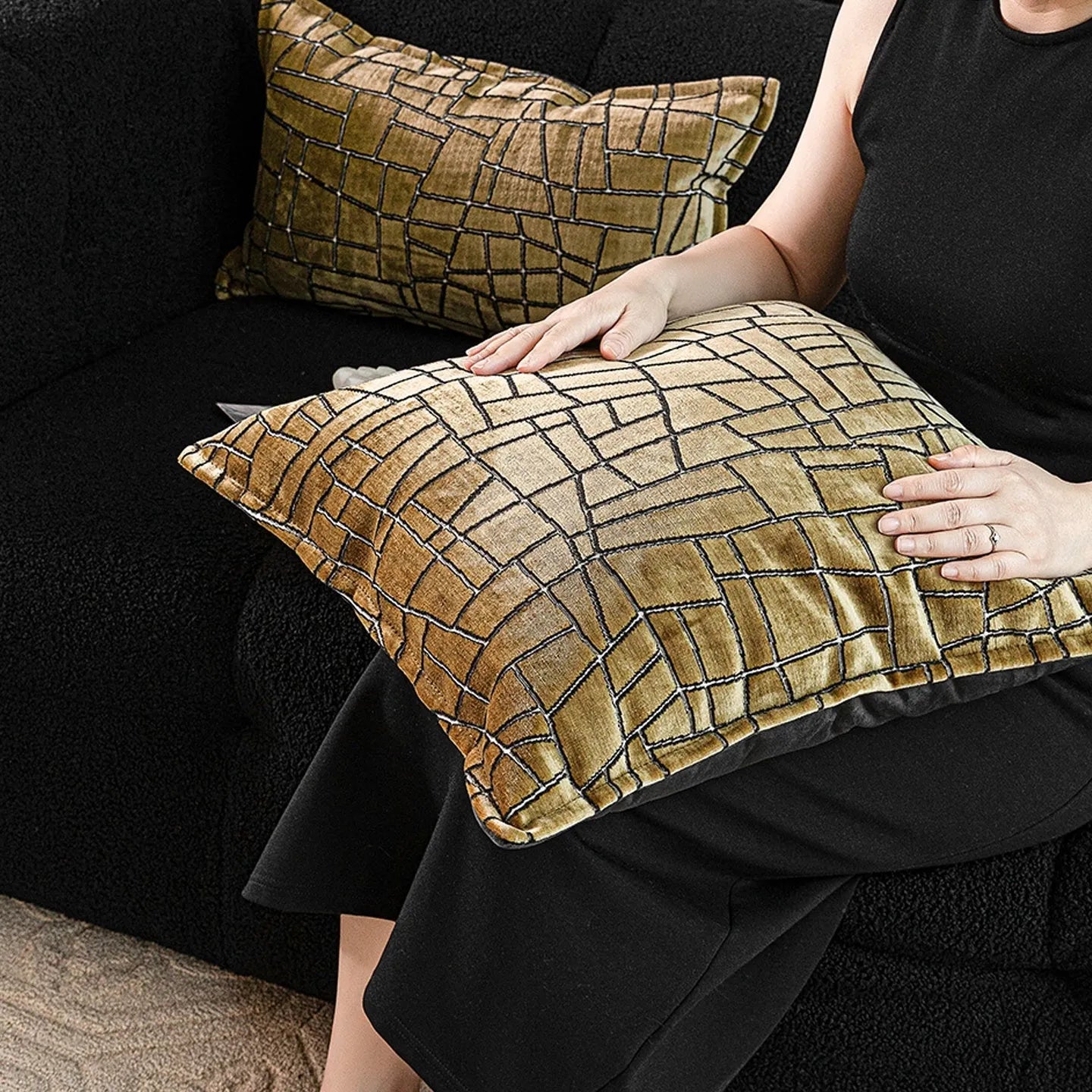 Tuhao Gold geometric abstract pillow cover in feather velvet texture on sofa