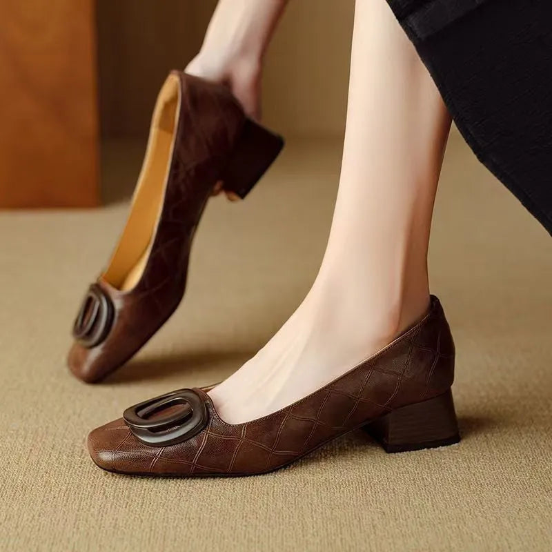 Women's sheepskin shallow mouth flat bottom chunky heel pumps in black and light brown, square toe