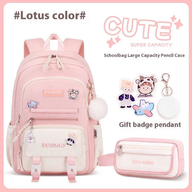 Girls waterproof Oxford cloth school backpack with curved straps and spine protection in solid colours for grade 5-6 students