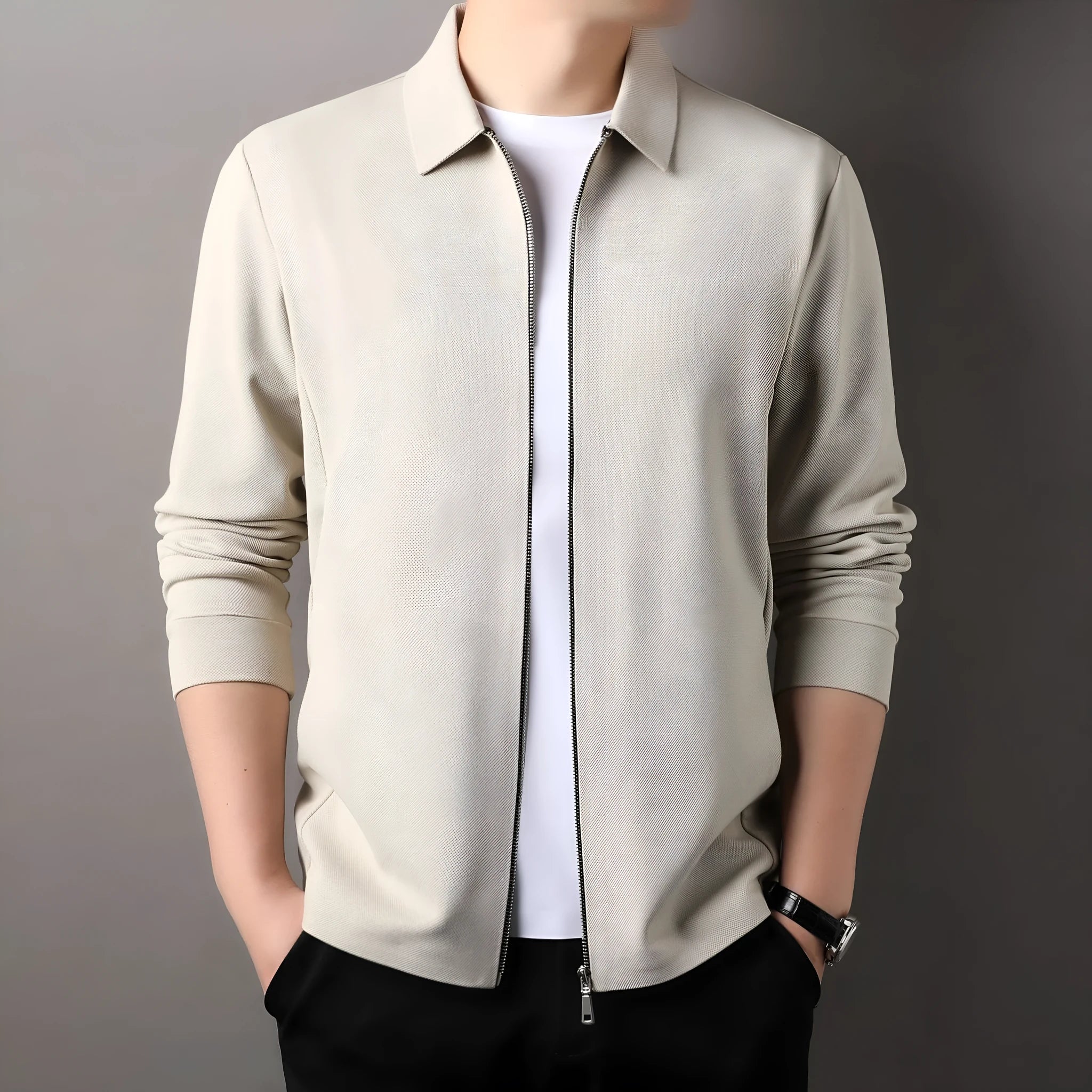 Men's polyester jacket in apricot, black, or dark grey with straight hem and regular sleeves.