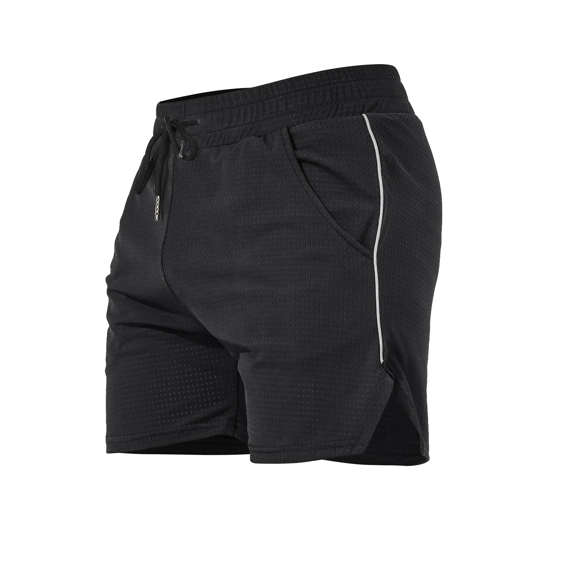 Men's straight-cut polyester fitness shorts in black, available in sizes M to 3XL for sports and casual wear