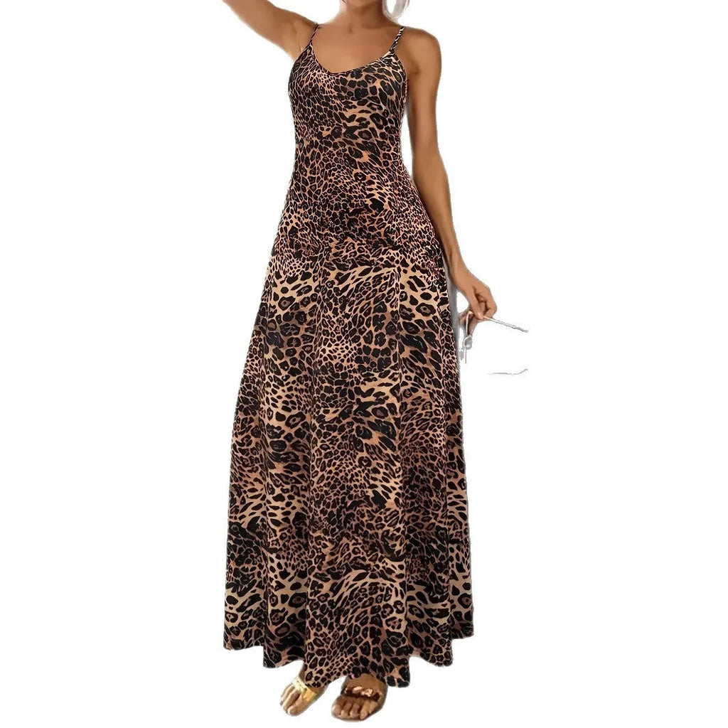 Dark brown leopard print dress with sleeveless sling design and shoulder straps, hip skirt cut