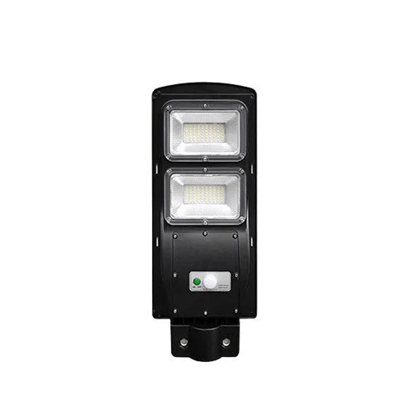 Integrated solar-powered street light with LED panel and remote control for outdoor use.