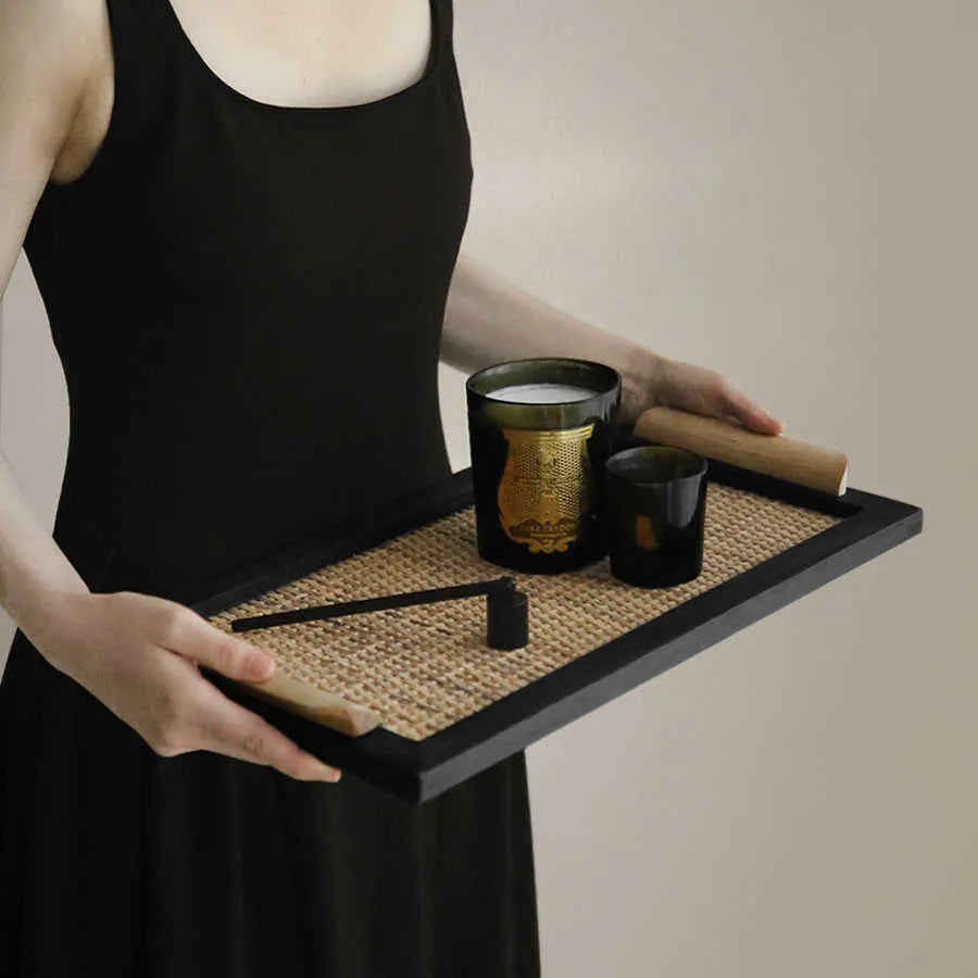 Pine wood serving tray with a central divided compartment for biscuits and snacks.