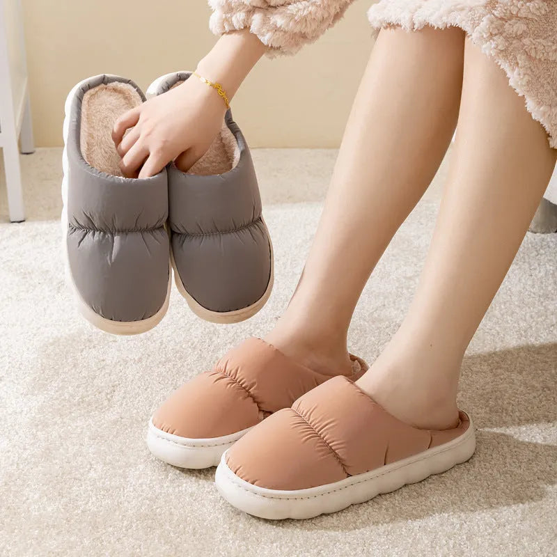 Thick-soled down cotton slippers with artificial leather upper and plush lining in blue green grey pink or yellow