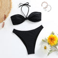 Black polyester women's bikini set with lace-up tube top and briefs