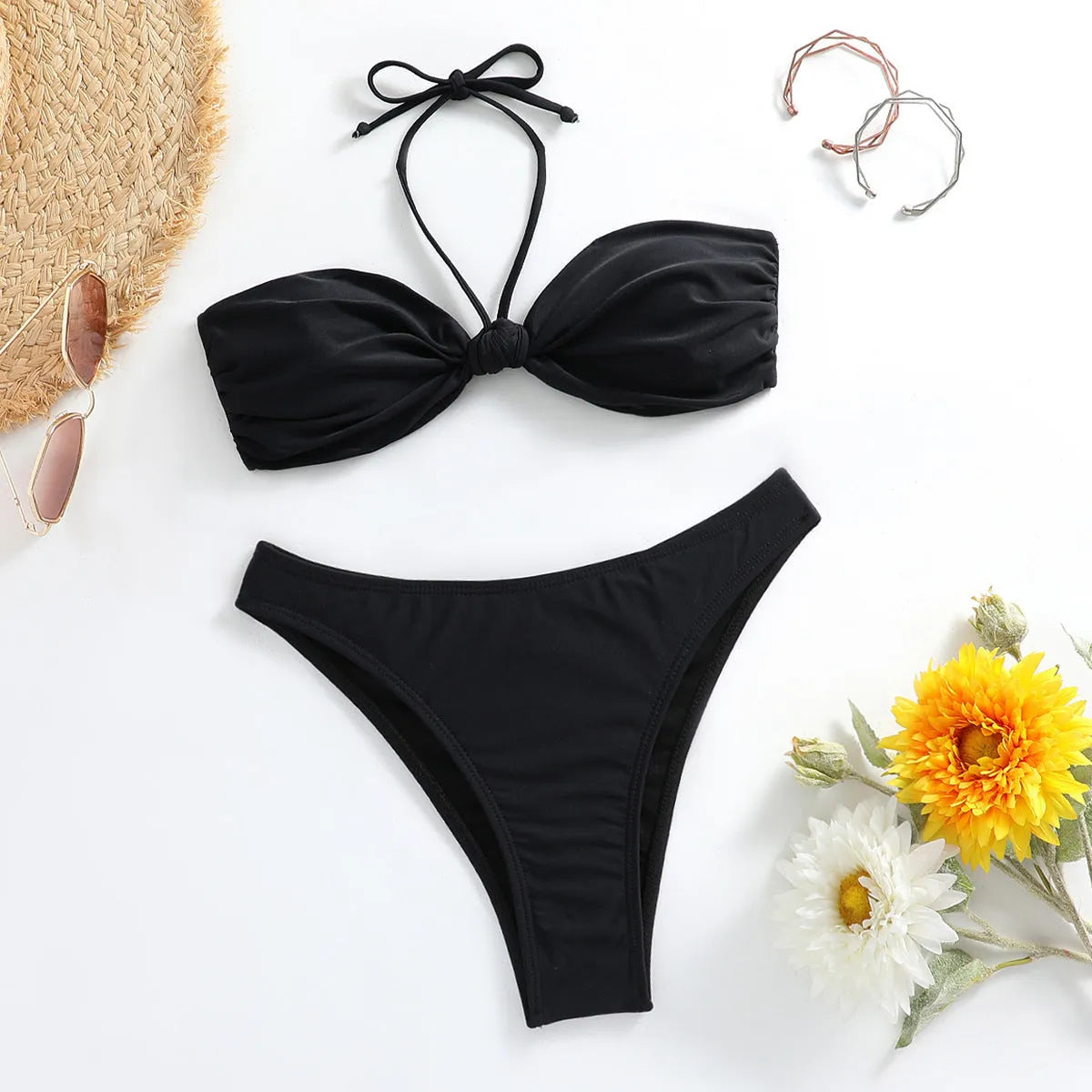 Black polyester women's bikini set with lace-up tube top and briefs