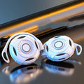 Black and white Bluetooth earphones with hanging ear design for gaming with 10-metre wireless range