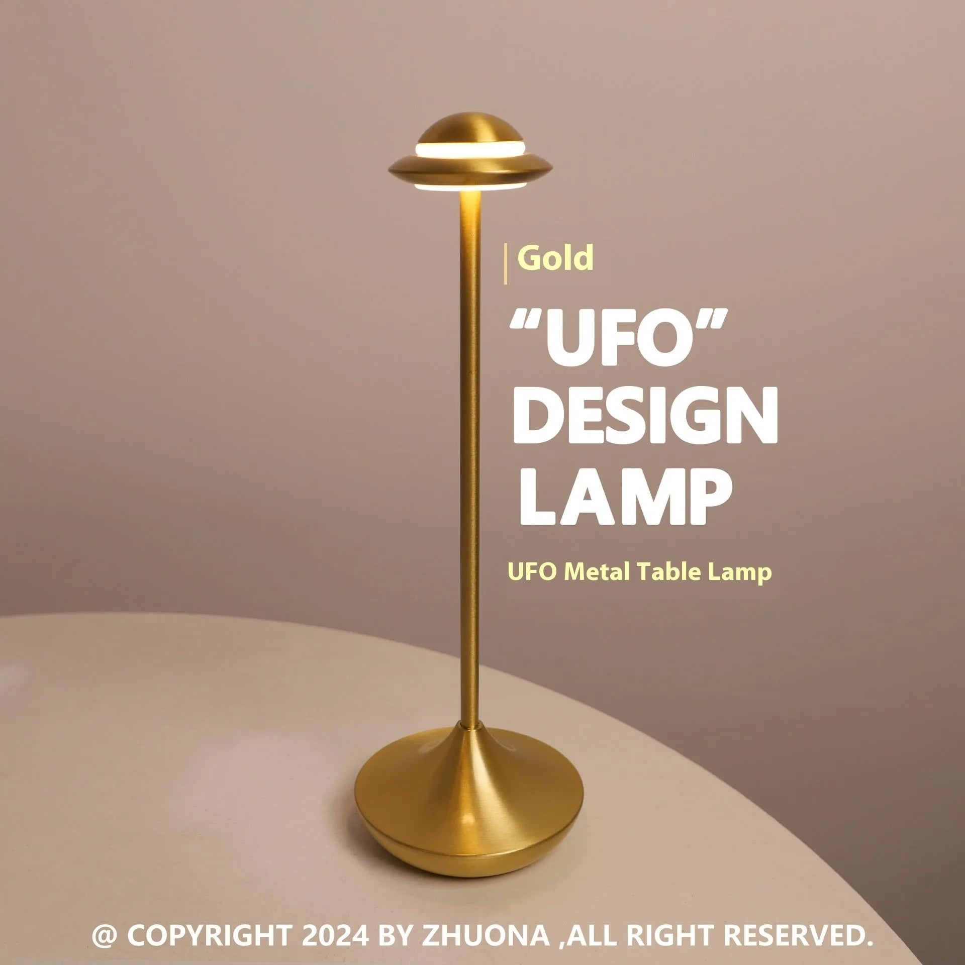 UFO-shaped metal table lamp with touch controls in black, gold, or grey colour options