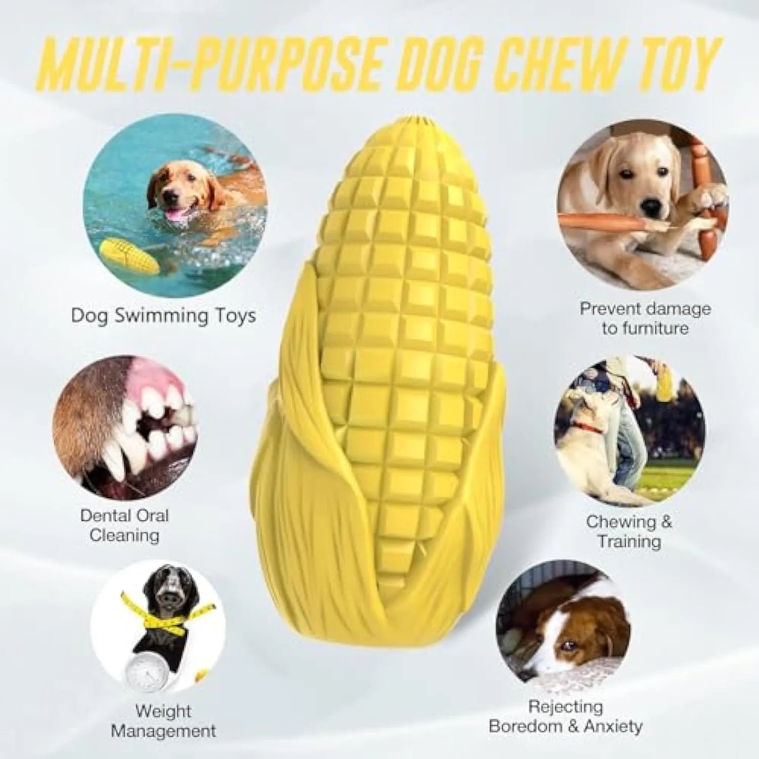 Blue and yellow corn-shaped dog chew toy for medium and large breeds on a white background.