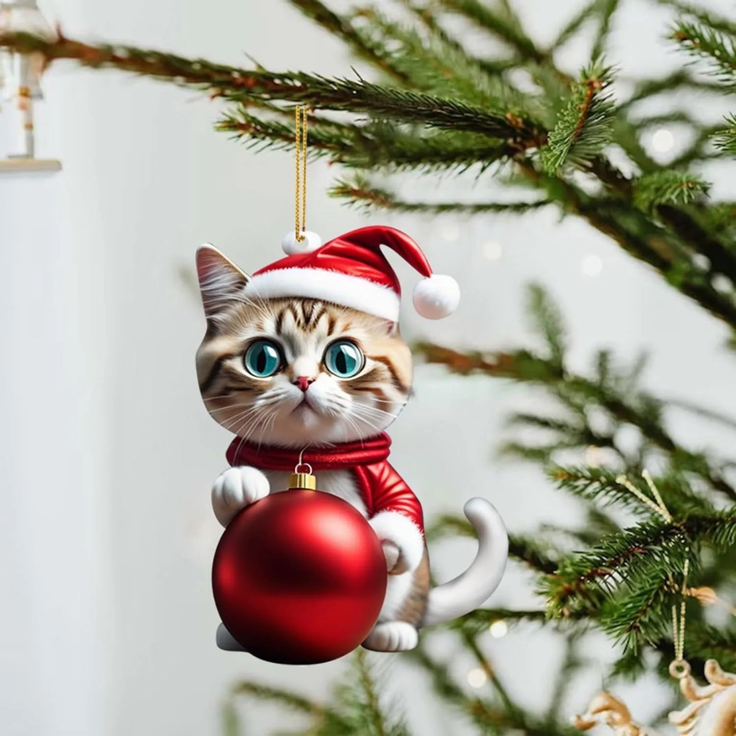 Cartoon style kitty Christmas ornament hanging, made of clear acrylic for car interior decoration.