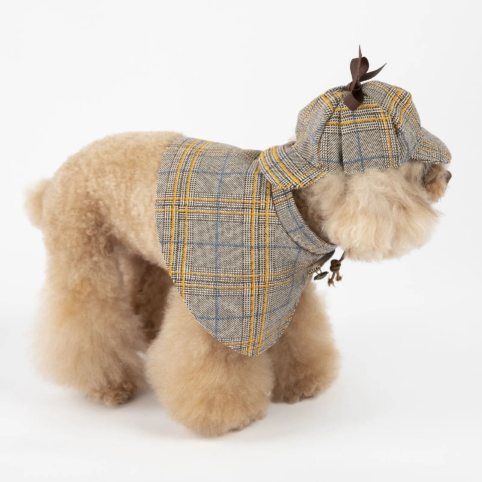 Camel-coloured detective suit style pet cloak with adjustable hat for dogs or cats