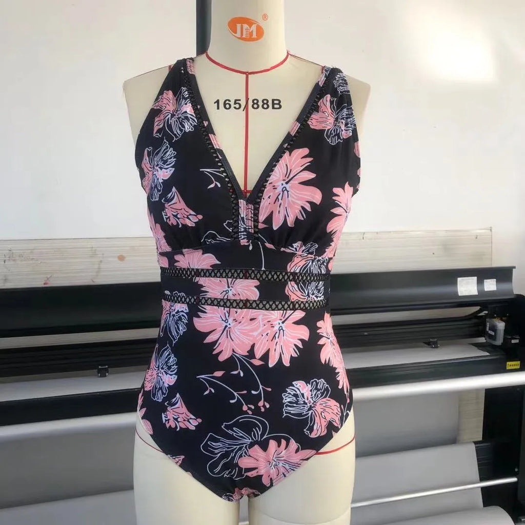 Plus-size black printed bikini swimsuit with mesh stitching on polyester fabric