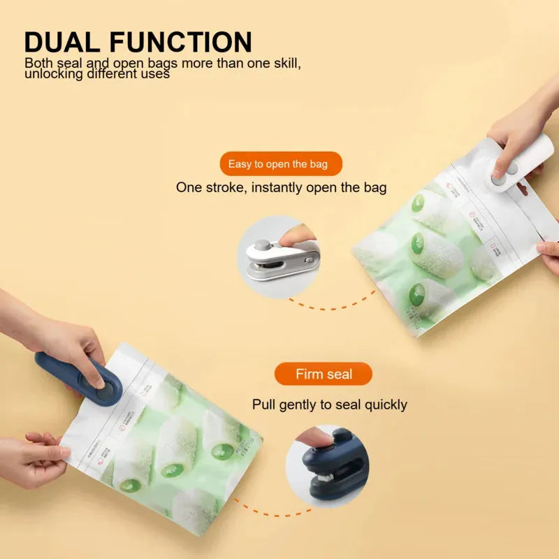 Handheld bag heat sealer in white and blue with USB charging port and cutter blade