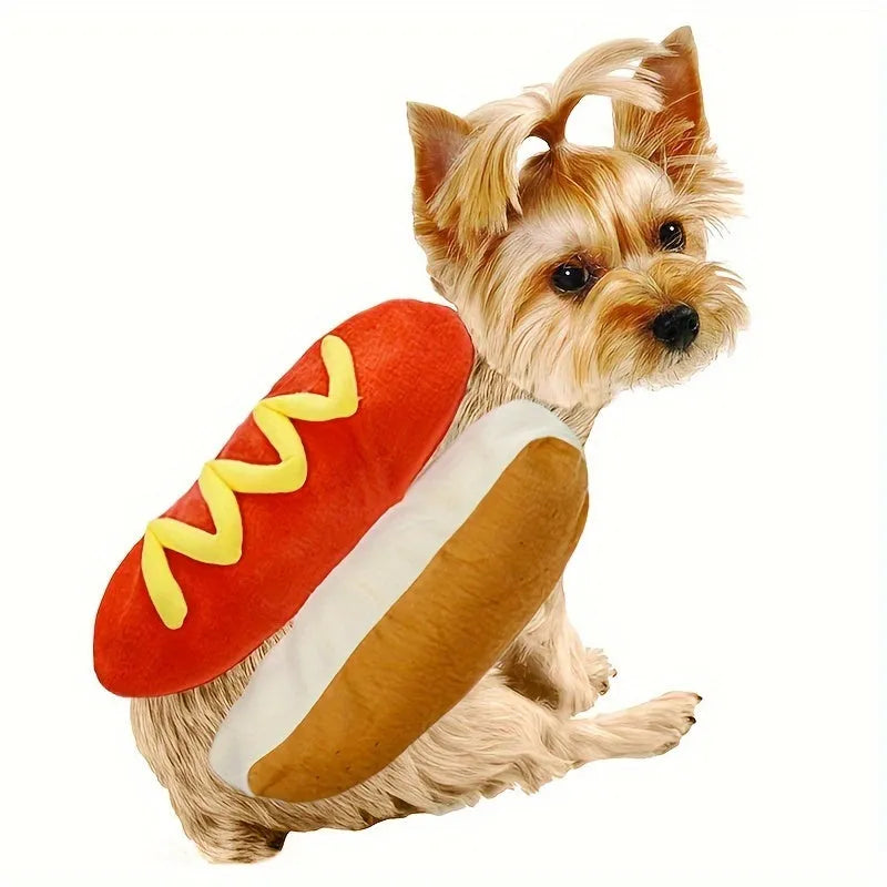 Brown and beige hot dog costume for a small dog, showing fleece material and Velcro closure.