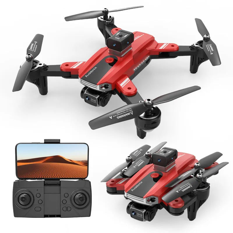 Orange quadcopter drone with four propellers and dual cameras showing obstacle avoidance sensors