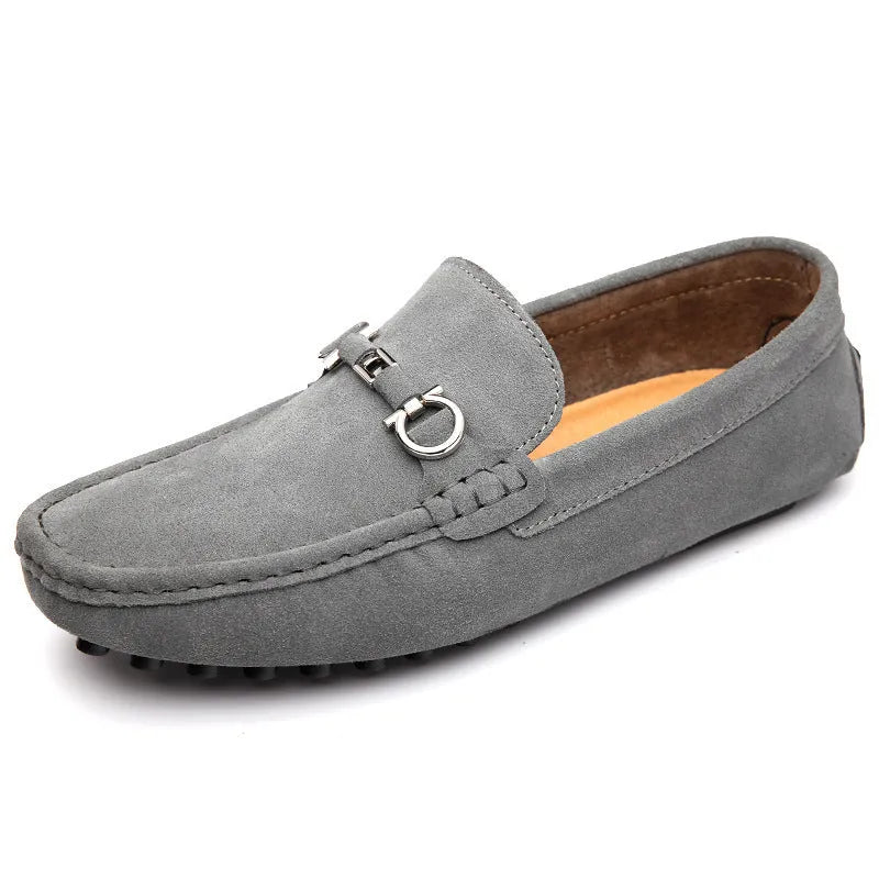 Men's black slip-on cowhide leather shoes with a square toe and flat heel on a white background