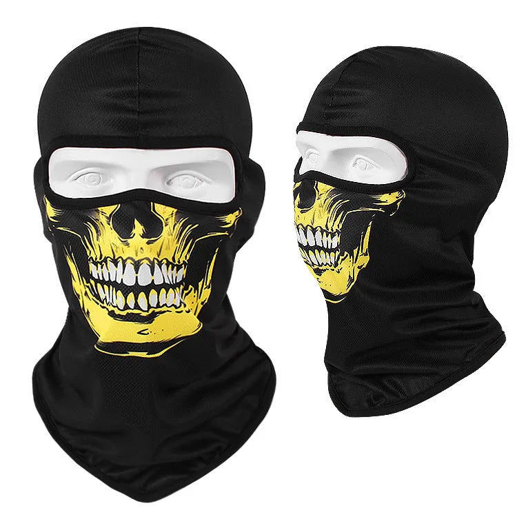 Breathable Bakool silk motorcycle skull mask in a graphic design, laid flat showing its 36cm by 29cm size.
