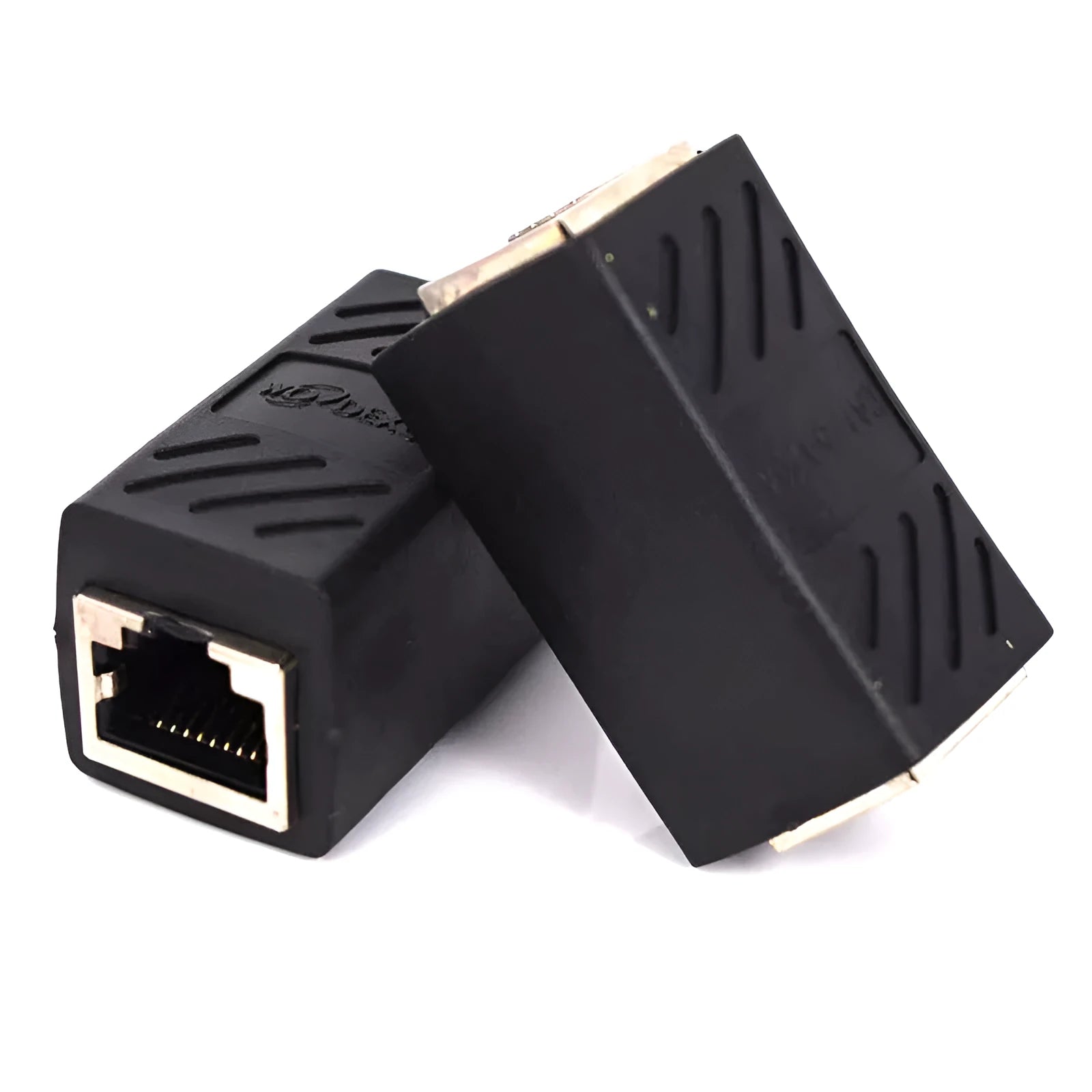 Black RJ45 butt joint extender adapter with rotary connectors for ethernet cable extension