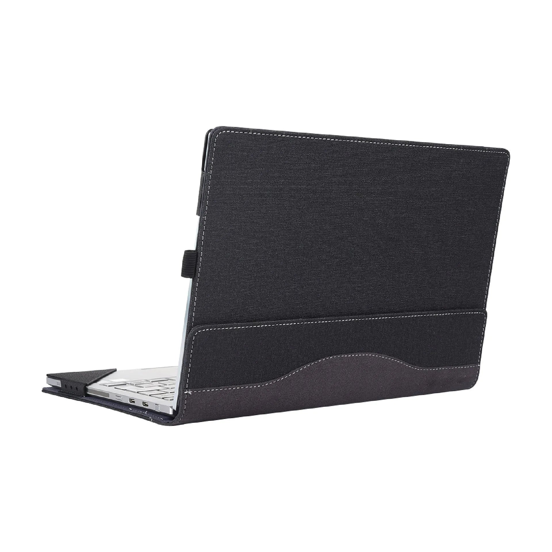 Black imitation leather Microsoft laptop protective sleeve with fabric detailing for 13.5 and 15 inch models