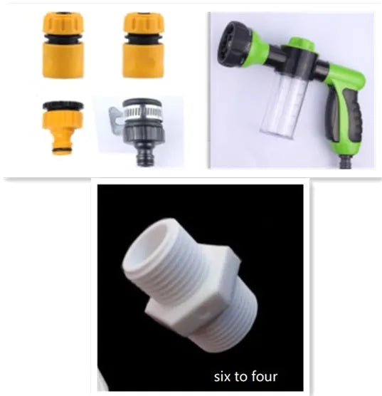 Green high pressure foam spray gun with adjustable nozzle for car washing and household cleaning.