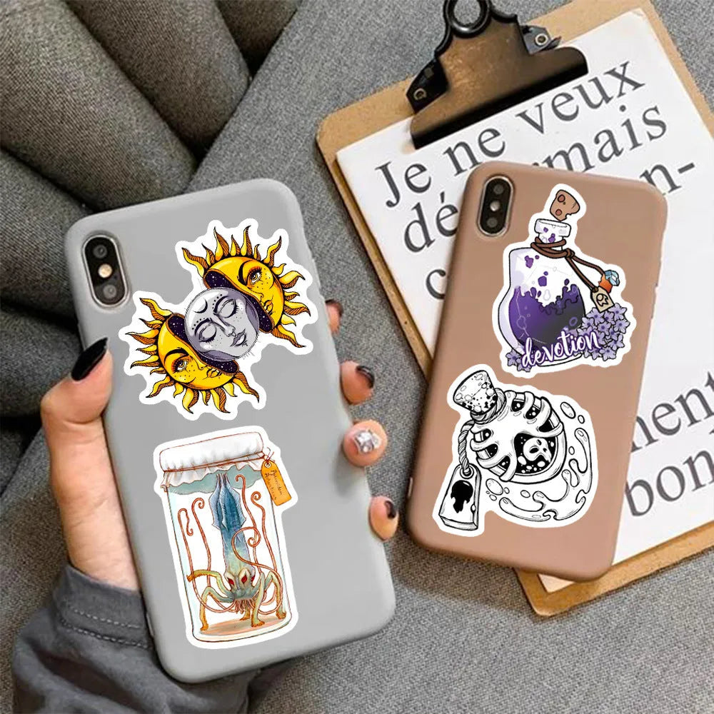 Assortment of 50 glossy waterproof PVC stickers in sizes from 3 to 8 centimetres.