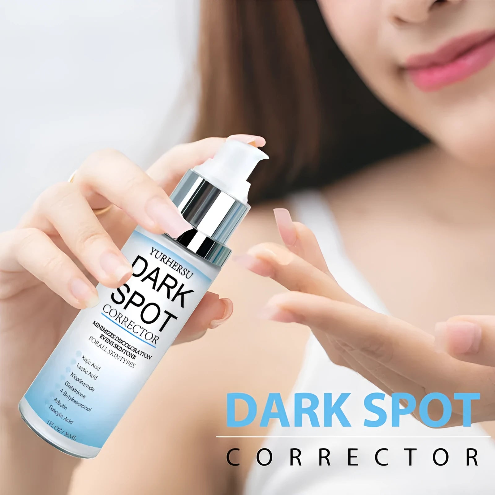 Spot lightening essence bottle with liquid formula for brightening and firming skincare benefits
