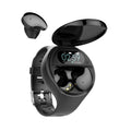 Black detachable smart bracelet with Bluetooth TWS earphones showing colour screen displaying heart rate