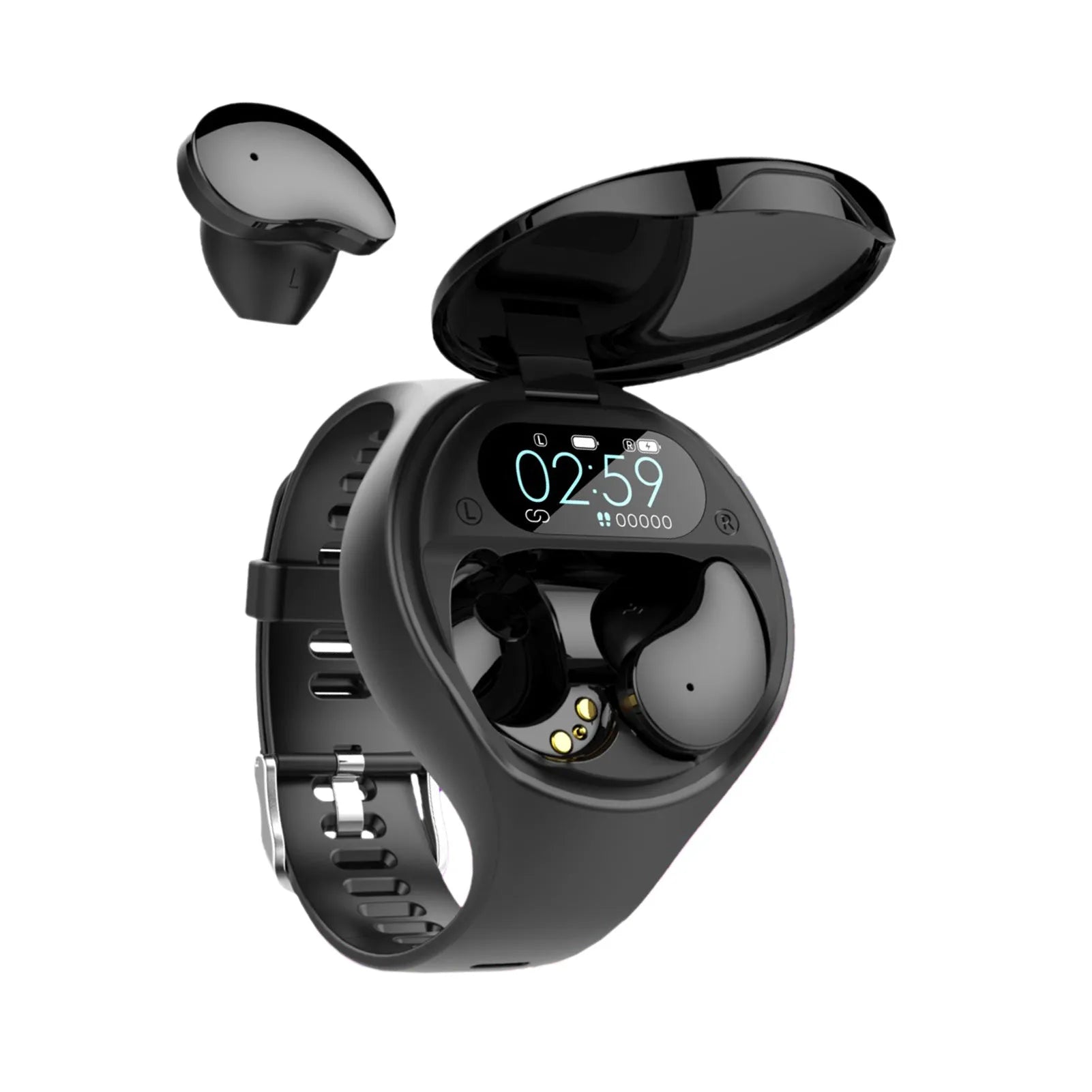 Black detachable smart bracelet with Bluetooth TWS earphones showing colour screen displaying heart rate