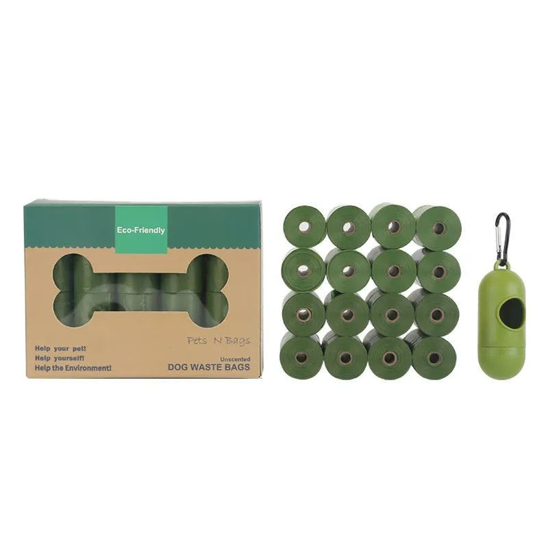 Degradable pet waste bags in green, black, blue, purple and orange colours with dispenser