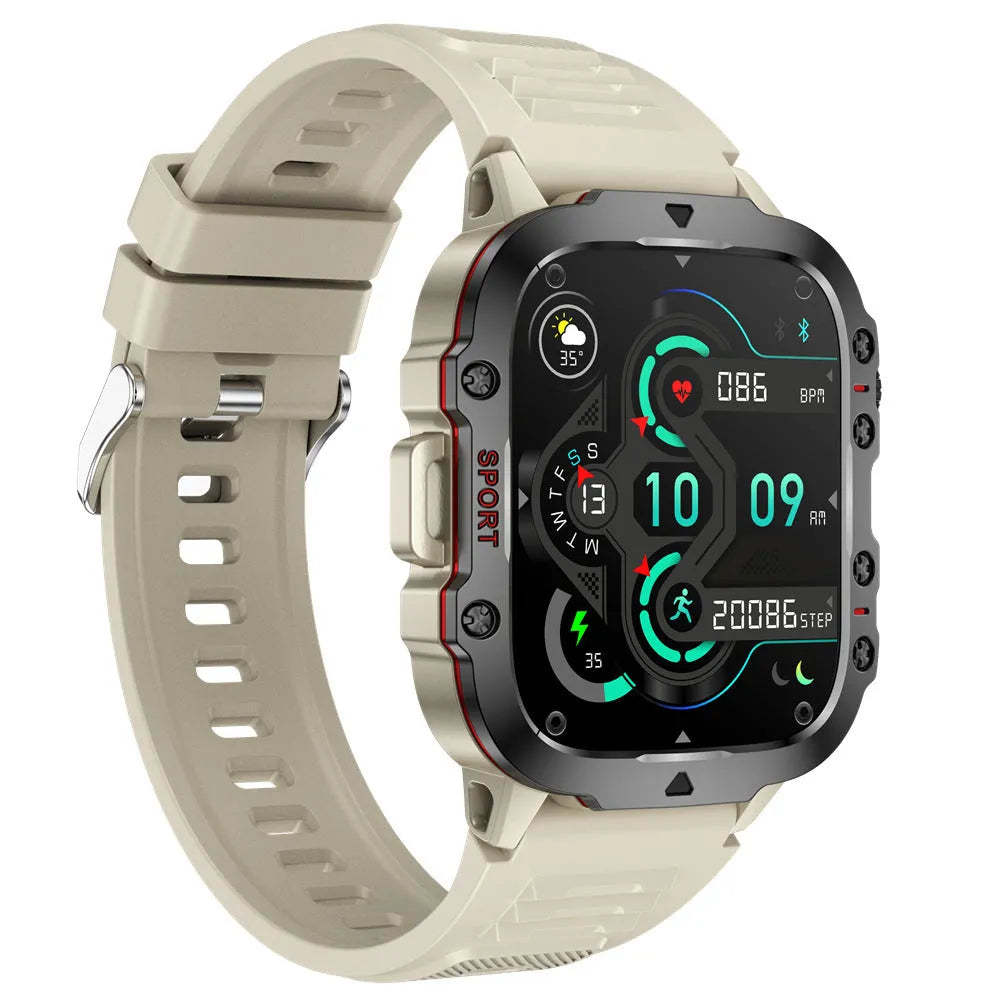 QX11 smart Bluetooth watch in black with TFT screen showing heart rate data on a leather strap.