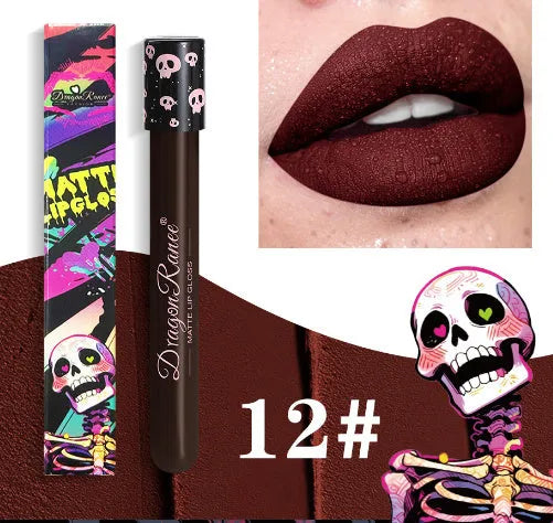 Halloween retro matte lip gloss in test tube skull packaging showing gold silver colours