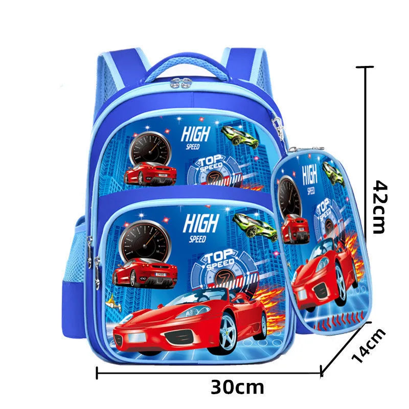 Blue anime cartoon print nylon school backpack for children with matching pencil case