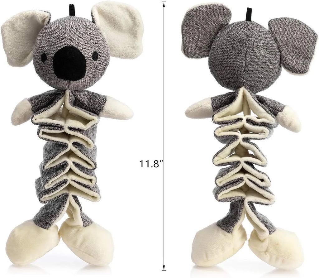 Grey koala plush dog chew toy measuring 30cm tall with internal crinkle paper.